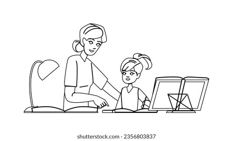 doing homework mother vector. kid parent, daughter child, mom family, education school, learning woman doing homework mother character. people black line illustration