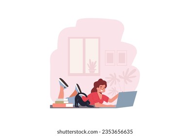 Doing homework school concept with people scene in the flat cartoon style. The girl decided to do her homework immediately after school. Vector illustration.