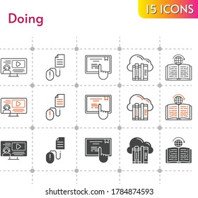 doing icon set. included cloud, instructor, touchscreen, learning, click icons on white background. linear, bicolor, filled styles.