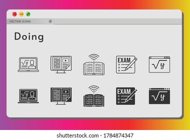 doing icon set. included exam, professor, e-book, maths, book icons on white background. linear, filled styles.