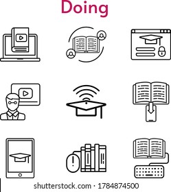 doing icon set. included feedback, teacher, cap, e-book, books, homework, learn, student, tablet, login icons. linear styles.