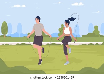 Hacerlo saltar la cuerda ejercitar la ilustración vectorial de color plano. Entrenamiento cardiovascular. Entrenamiento fuera. Actividades deportivas al aire libre. Personajes de dibujos animados sencillos en 2D totalmente editables con parque en segundo plano