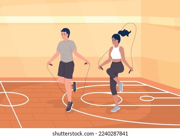 Doing jumping rope flat color vector illustration. Cardio workout. Training together in gym. Fitness activities. Fully editable 2D simple cartoon characters with sports hall on background