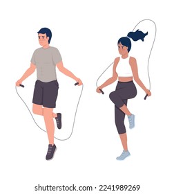 Carácter vector de color semiplano de entrenamiento de la cuerda de salto. Figura editable. Gente de cuerpo entero en blanco. Ejercicio cardiovascular simple ilustración de estilo de dibujos animados para diseño gráfico web y animación