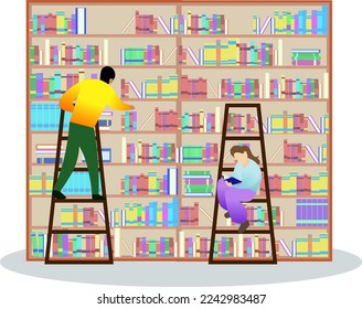 doing library activities such as reading, stacking book, finding book and studying. please be quiet, girl sitting to reading a book, library ladder, student college studying