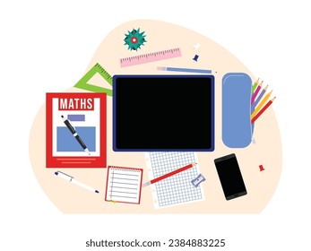 Doing math assignments, complete stationery kit, exercise book, ruler, pencil, desk top view vector illustration.