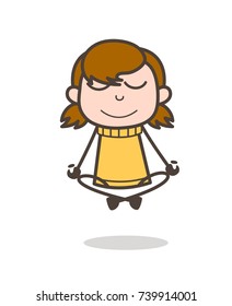 Doing Meditation with Happy Face - Cute Cartoon Girl Illustration