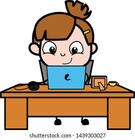 Doing Office Work on Laptop - Cute Girl Cartoon Character Vector Illustration