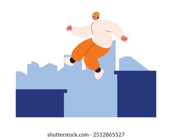 Doing parkour from building to adjacent building, extreme sports vector illustration.