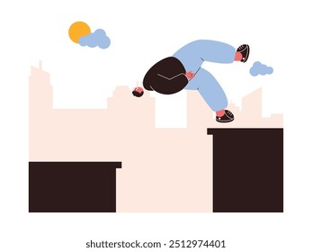 Doing parkour from one building to another with somersaults, extreme sport vector illustration.