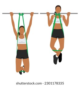 doing pull ups using workout band, resistance band assisted pull ups. Flat vector illustration isolated on white background