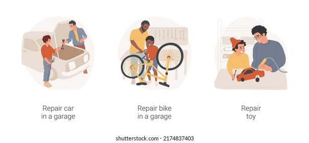 Doing Repairs With Children Isolated Cartoon Vector Illustration Set. Repair Car In Home Garage, Father And Child Work Together, Fixing Bike, Using Tools, Holding A Screwdriver Vector Cartoon.