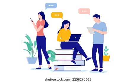 Doing research at work - People in office with books concentrating and searching for information and inspiration online. Flat design vector illustration with white background