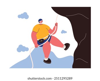 Doing rock climbing challenge, extreme sports vector illustration.