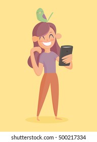 doing selfie for social networks and friends. Joyful girl in the hat makes a photo