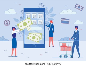 Doing Shopping Online Flat Cartoon Vector Illustration. Mobile Payment, Transfer. E-commerce with Small People. Man Pushing Trolley with Purchases in Boxes. Putting Money on Internet Account.