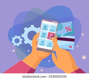 Doing shopping online with smartphone and credit cards. Flat vector illustration. Two hands holding electronic device with service app for purchasing products. E- ecommerce, modern technology concept