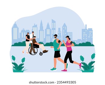 Doing sport run with partner, husband and wife take their father to city park, social activity vector illustration.