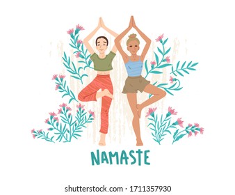 Doing sports for health, fitness yoga, stretching in the gym and at home, online lesson with an instructor. Title or logo, banner signboard design. Summer morning exercises. Vector cute illustration.