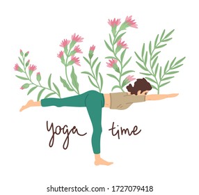 Doing sports for health, fitness yoga, stretching in the gym and at home, online lesson with an instructor. Title and logo, banner signboard design. Summer morning exercises. Vector cute illustration.