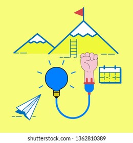 Doing success concept. Step to success metaphor. Self regulation in pursuit of goal. Symbol of idea, action and achievement. Vector illustration concept outline flat design style.