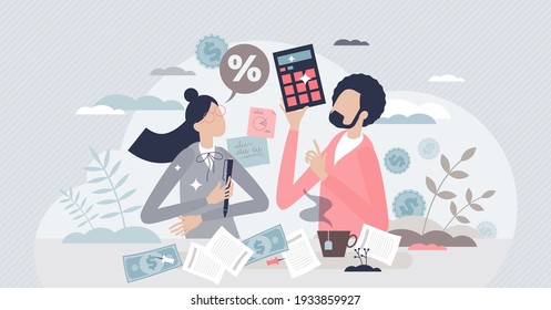 Doing taxes accounting and annual financial paperwork tiny person concept. Money fee calculation and report submit to state revenue service vector illustration. Family budget planning and analysis.