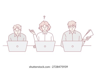 Durchführung von Tests und bestandene Prüfungen auf Laptops Konzept. Gruppe junger, denkender, frustrierter und konzentrierter Menschen, die auf Laptops sitzen und über erfüllende Aufgaben nachdenken, Vektorgrafik