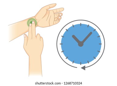 Doing Use Two Fingers To Check Radial Pulse With Time Icon. Illustration About Health Diagnosis.