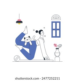 Doing Yoga with Cat Outline Illustration