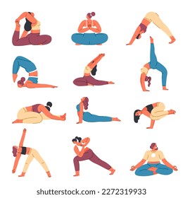 Doing yoga exercises and working out, isolated female character showing asanas and poses. Flexibility, strength improving muscles and health.Meditating and reaching zen. Vector in flat style