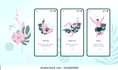 Doing Yoga Mobile App Onboard Screen Set. Vector Template For Yoga Related Applications. Modern Duotone Illustraions.