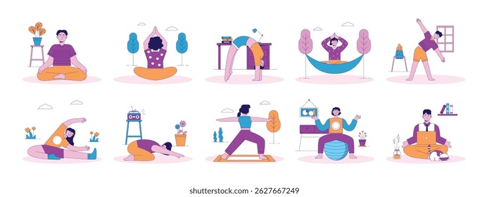 Doing yoga stretch the body, relax and calm down practice flexibility. Character design. Vector flat illustration