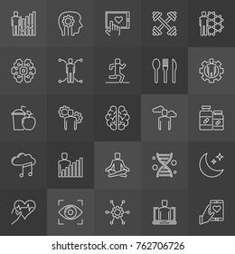 Do-it-yourself biology vector icons. Collection of biohacking minimal symbols on dark background