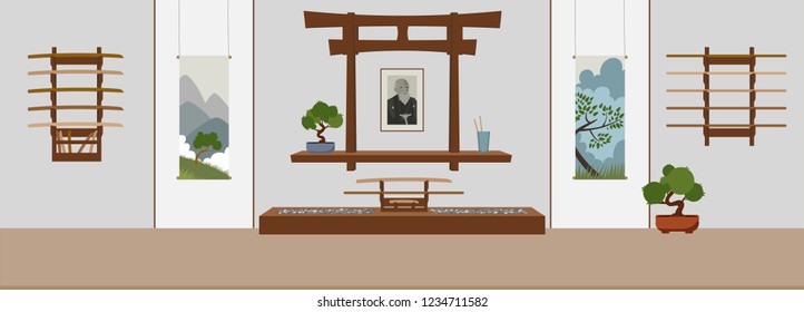 Dojo in asian style. Suitable for oriental martial arts such as aikido, judo, karate, jiu-jitsu, budo. Flat vector Illustration.