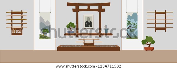 Dojo in asian style. Suitable for oriental\
martial arts such as aikido, judo, karate, jiu-jitsu, budo. Flat\
vector Illustration.