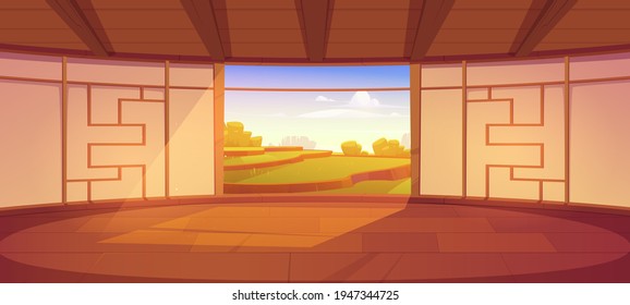 Sala dojo, interior vacío de estilo japonés para la meditación o entrenamiento de artes marciales con suelo de madera y puerta abierta con vista escénica pacífica sobre el campo de arroz asiático, ilustración vectorial de caricatura