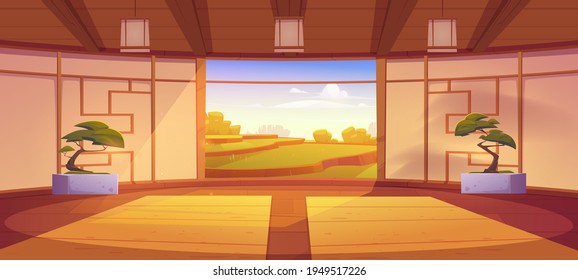 Dojo room, empty japanese style interior for meditation or martial arts workout with wooden floor, bonsai trees and open door with scenic peaceful view on asian rice field, Cartoon vector illustration