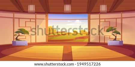 Dojo room, empty japanese style interior for meditation or martial arts workout with wooden floor, bonsai trees and open door with scenic peaceful view on asian rice field, Cartoon vector illustration