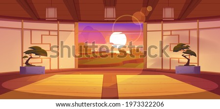 Dojo, traditional japanese room for karate and meditation. Vector cartoon interior of empty dojo with mats, bonsai and landscape of green terraced fields and sunset sky behind window