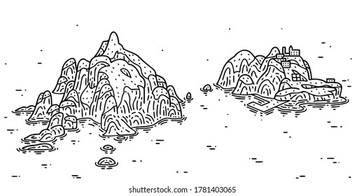 Dokdo Island In Korea. Vector Line Art Illustration.