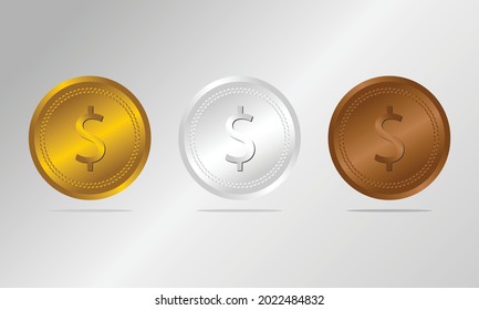 Dolar coin of gold, silver and bronze Vector illustration . Stock Vector