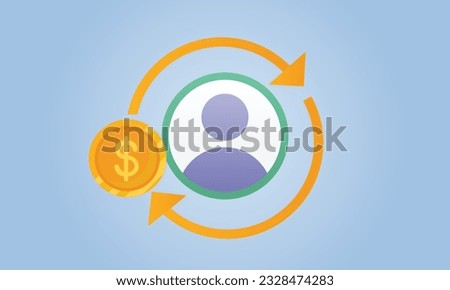 Dolar cycle with the user is conceptualizing loyal customer on blue background.Vector Design Illustration.