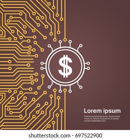 Dolar Sign Over Computer Chip Moterboard Backgroung Network Data Center System Concept Banner Vector Illustration