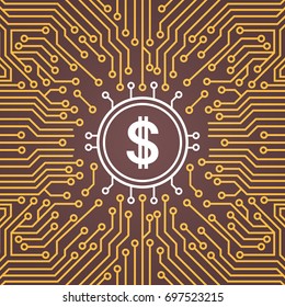 Dolar Sign Over Computer Chip Moterboard Backgroung Network Data Center System Concept Banner Vector Illustration