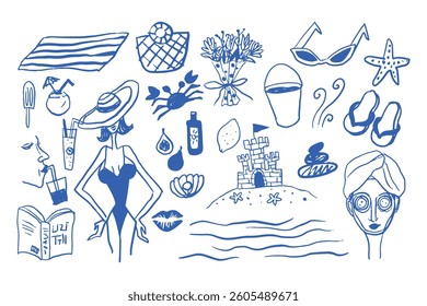 Dolce vita beach summertime hand drawing doodle art with blue pencil texture. aesthetics vacation element art