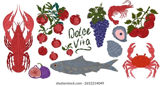 The Dolce Vita collection is a whimsical, detailed collection of colorful elements with textured outlines, inspired by the Mediterranean lifestyle. Sketchy, hand-drawn style. Set