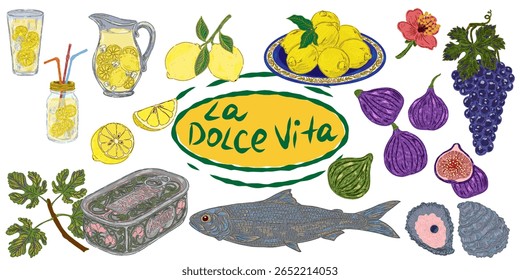 The Dolce Vita collection is a whimsical, detailed collection of colorful elements with textured outlines, inspired by the Mediterranean lifestyle. Sketchy, hand-drawn style. Set