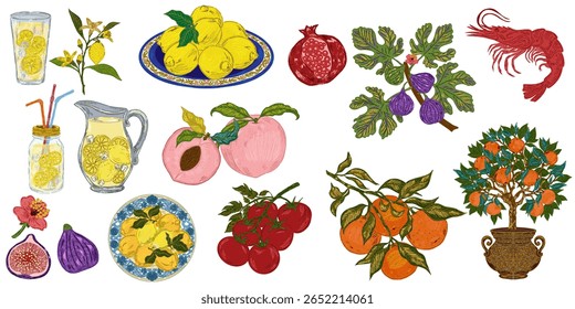 The Dolce Vita collection is a whimsical, detailed collection of colorful elements with textured outlines, inspired by the Mediterranean lifestyle. Sketchy, hand-drawn style. Set