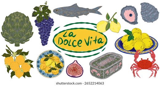 The Dolce Vita collection is a whimsical, detailed collection of colorful elements with textured outlines, inspired by the Mediterranean lifestyle. Sketchy, hand-drawn style. Set