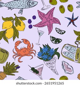 The Dolce Vita collection is a whimsical seamless pattern with vibrant color accents, inspired by the Mediterranean lifestyle. Hand-drawn sketch style